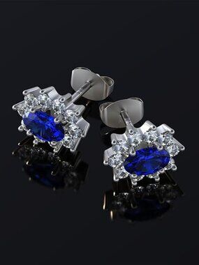"Sunflower Eye of Nature" Earrings, Sterling Silver Earrings with Crystals Blue